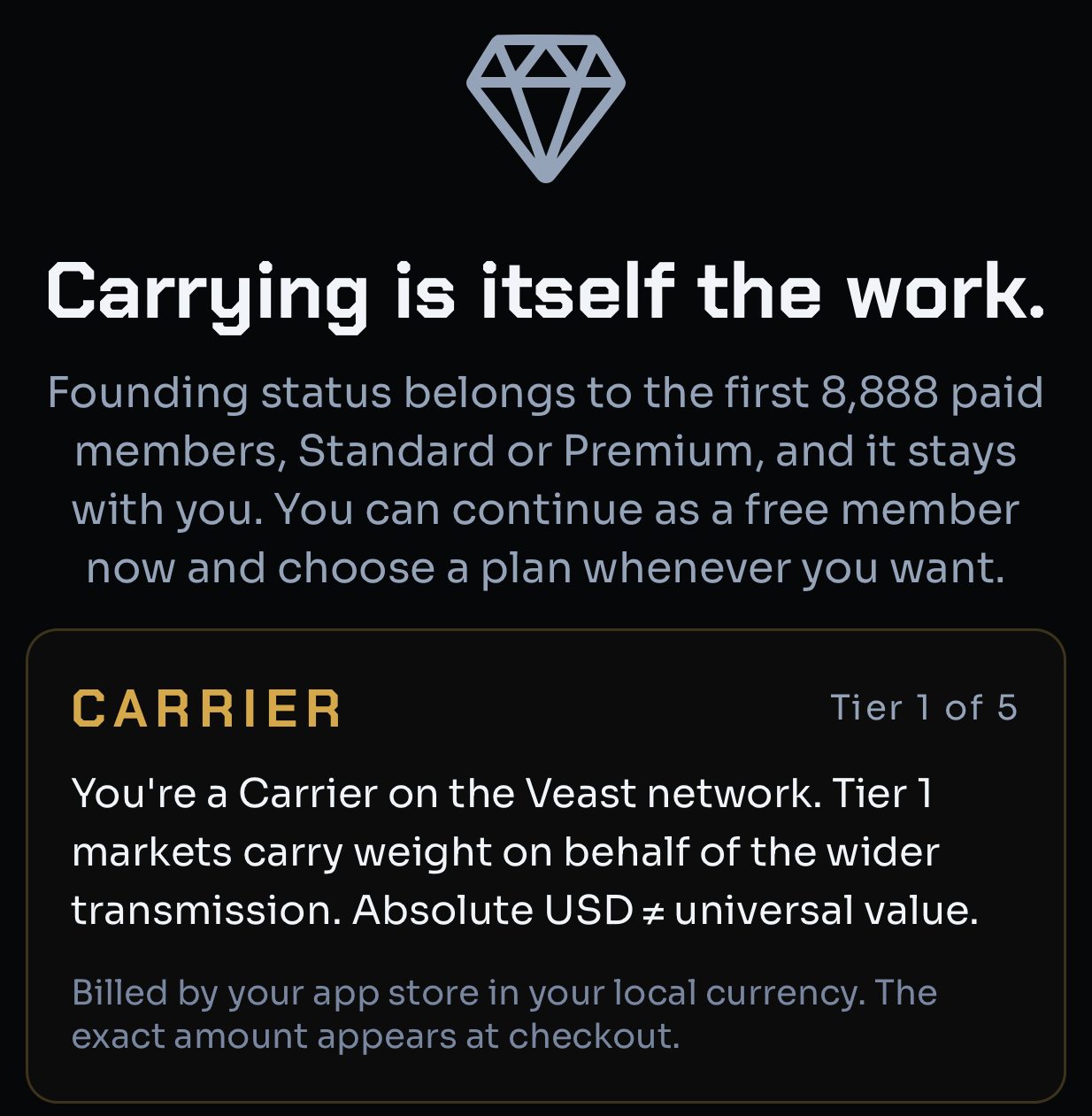 Carrying is itself the work. Founding status belongs to the first 8,888 paid members. Carrier, tier 1 of 5